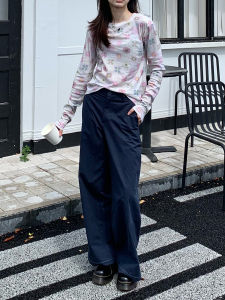 High Waist Straight Leg Pants Women Loose High Rise Korean Style Dark Blue Casual Versatile Wide Leg Retro Spring Fashion