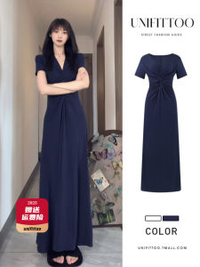 Stunning Blue French V-neck Waist-cinched Dress Womens Summer 2025 New Fashion High-waisted A-line Short Sleeve Dress