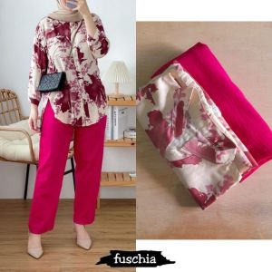 One Set Kamelia Daun/Setelan Wanita Rayon Diamond Combi Crinkle Airflow