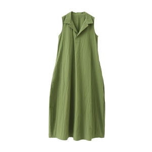 Textured Cotton Cocoon Style Sleeveless Dress Casual Green Vest Dress Womens Loose Fit Spring Summer Autumn Long Skirt