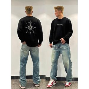 เสื้อยืดแขนยาวสีดำสไตล์อเมริกันสำหรับผู้ชาย ทรงหลวม ผ้าฝ้ายแท้ ทรงพอดีตัว สำหรับใส่ไปทำงานในฤดูใบไม้ร่วงและฤดูหนาว