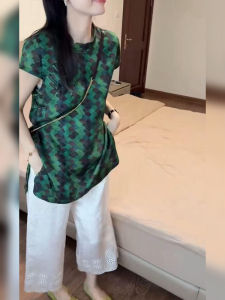 Shalldoer | Retro Fashionable Short Sleeve Shirt And Hollow Out Wide Leg Pants Two Piece Set For Women Elegant Button Detail Summer Outfit