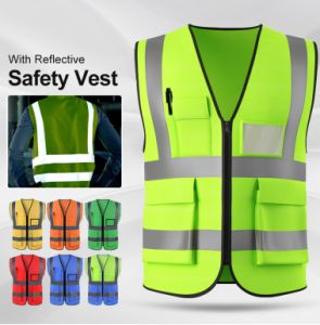 Qaao High Visibility Safety Vest with Pocket Reflective Strips Zipper Front Safety Vest for Construction Workwear Night Riding Sports
