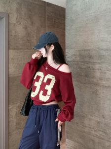 GUZILIAN | American Style Spicy Girl Digital Print Off-Shoulder Crop Top