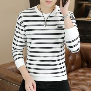 ROMON | Loose Fit Mens Round Neck Sweatshirt Casual Long Sleeve T-Shirt Comfortable Spring Autumn Stripe Pattern Base Layer Top