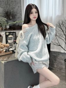 BINKAFENNY | Korean Style Womens Blue Cashmere Knitted Top Lace Bowknot Shoulder Bared Lazy Autumn Winter Fashion Casual Round Neck Long Sleeve