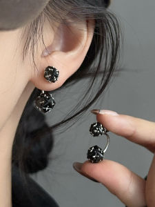 Elegant Black Zircon Two-Way Wear S925 Silver Needle Stud Earrings Trendy Fashion Jewelry Hoops for Women Handmade Alloy