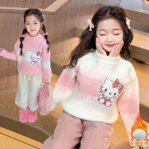 Thickened Embroidered Cat Knitted Sweater round Neck Soft Polyester Fiber Childrens Clothes Cute Cartoon Style Knitwear