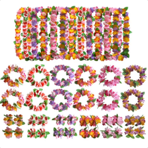 Tropical Hawaiian Party Theme Wreath Petals Necklaces Headbands Bracelets Set Artificial Flower Leis Garland Hawaii Beach Luau Summer Sunglasses Birthday Gift Wedding Party Decor