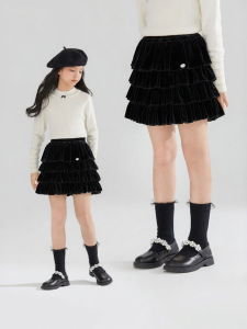 MUCMUKN | Black Velvet Embroidered Girls Skirt