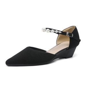 Style Korean Version Pointed Toe Black Wedge Heel Shoes Ladies Pearl Woven Sandals Mid-Heel Fashionable Single Shoes Breathable Anti-Slip Wear-Resistant Commuter Women