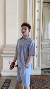 Bộ quần áo nam nữ thể thao cộc tay SUN 07 Xám Trắng chất poly áo polo cổ bẻ quần short dễ phối đồ