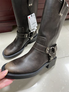 วินเทจ ขาดๆ ยับๆ รองเท้าบูทคาวบอยตะวันตก สไตล์พังค์ เข็มขัดหัวเข็มขัดขนาดใหญ่ ถุงเท้าถึงกลางน่อง รองเท้าบูท Martin สําหรับผู้หญิง ฤดูใบไม้ผลิ & ฤดูใบไม้ร่วง