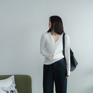 Slim Fit V-Neck T-Shirt Elastic Waistband High Stretchiness Solid Color Commute Style Chinese Production Moisture Wicking Long Sleeve