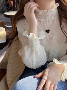 Ruffle Collar Fleece Lined Lace Base Shirt Womens Inner Wear Autumn Winter High End Feel Outerwear Semi High Collar Chiffon Top