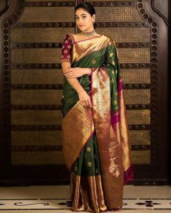 SG Readystock Beautiful Soft Lichi Silk Sarees in Green Colour Ethnic wear Sarees with Beautiful Design Indian Silk Sarees for Women