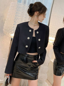 Black round Neck Diamond Studded Short Suit Jacket Womens Versatile Fashionable Water Diamond Suit Outerwear Shangxia Style
