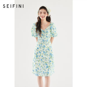 SEIFINI | Green V-Neck Floral Cinched Waist Midi Dress