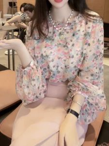 เสื้อเชิ้ตผ้าชีฟองแขนยาวคอโปโลลายดอกไม้สำหรับผู้หญิง ฤดูใบไม้ผลิ 2024 ทรงปกติ แขนยาว ปกติ เสื้อเชิ้ตผ้าชีฟอง