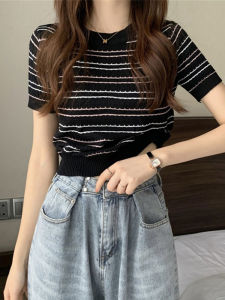 Tail-cut Remaining Order Womens T-shirt Striped Short Sleeve