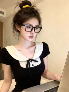 Slimming Layered Color Contrast Peter Pan Collar Short Sleeve T Shirt