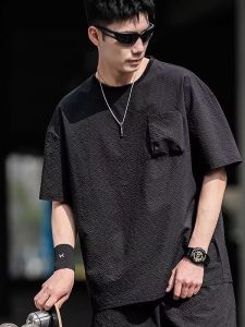 Loose Fit Ice Silk Bubble Short Sleeve T-Shirt Mens Summer Sun Protection Quick Dry round Neck Half Sleeve Workwear Pocket