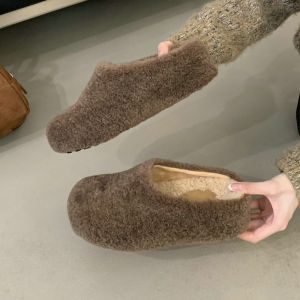 Womens Winter Fur Slippers Small Size Half Slippers Warm Comfortable Indoor Outdoor Wear Convenient Slip-On High Heel