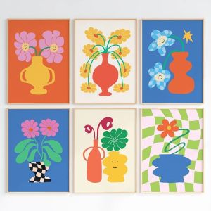 Retro Flowers Wall Art Groovy Flowers Gallery Colorful Poster and Prints Funky Wall Decor 70s Living Room Canvas Painting