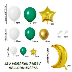 106Pcs Eid Mubarak Balloon Arch Kit Dark Green and White Gold Latex Balloons with Moon and Star Foil Balloon Decorations for Ramadan Festival Party Decoration Eid Celebration Decoration