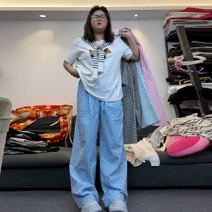 Quần Ống Rộng Cạp Cao Kẻ Caro Màu Xanh Lam Cho Nữ Mùa Hè Quần Ống Đứng Rộng Rãi Thoải Mái Quần Dài Thường Ngày