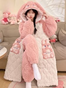 MiiOW | Cat Person Coral Fleece Three-Layer Cotton Sleepwear Womens Autumn Winter Thickened Velvet New Hat Home Clothes Long Pants
