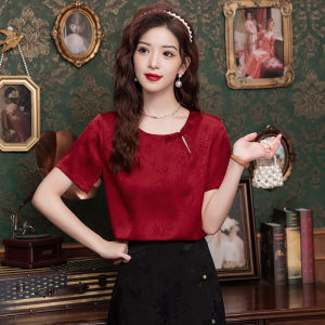 New Chinese Style Embroidered Silk Womens Shirt Short Sleeve Red Top Summer New National Style Small Shirt  Silk