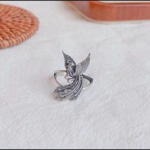 Retro Aged Blue Silver Ring for Women High Aesthetic Phoenix Peacock Artistic Style Adjustable Open Hand Ring Tibetan Silver
