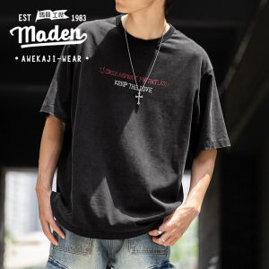 MADEN อเมริกาแบบย้อนยุคสีทึบแขนสั้นสำหรับผู้ชายแขนสั้นคอกลมกราฟฟิตีทรงหลวมฤดูร้อน2025