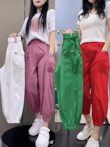กางเกงวอร์มผ้าไหมคอตตอนสะท้อนแสงสไตล์ฮาราจูกุเอวสูงหลวมกระชับสัดส่วนบางทรงหลวมสำหรับผู้หญิง กางเกงขายาวทรงหลวมฤดูร้อนปี 2024