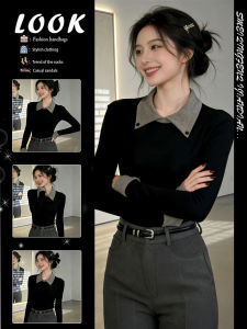 Vintage Contrast Polo Neck Fleece-lined T-shirt for Women as Underwear with Design