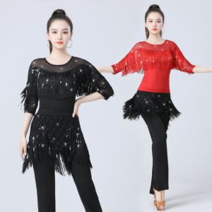 ชุดเต้นรำสี่เหลี่ยมแบบใหม่สำหรับการเต้นรำทางสังคมโมเดิร์นมีพู่ชุดเต้นรำละตินสำหรับฤดูหนาว/ฤดูใบไม้ร่วงปี2024