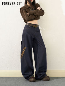 Forever 21 Wide Leg Leopard Print Jeans Women Loose Fit High Waist Denim Pants Autumn Season Casual Wear Resistant Deep Color