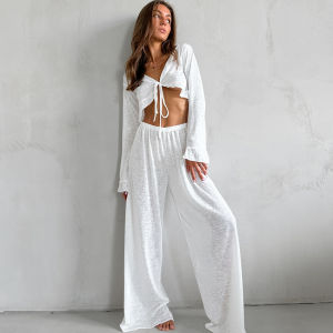 ชุดนอนกางเกงทรงหลวมสีขาวคอวี2ชิ้นสำหรับผู้หญิงกางเกงถักแบบถักแฟชั่นผู้หญิง