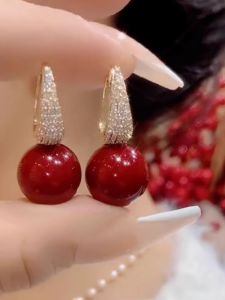 Stylish Hong Kong Style Red Bean Ear Studs Alloy Silver Gold Plated Fashionable Trendy Elegant Classy Diamond Embellished Earrings For Women