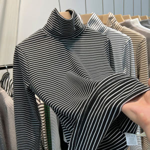 Womens High Collar Fleece Lined Thickened Long Sleeve T-Shirt Double Sided Velvet Base Shirt Autumn Winter Warm Top