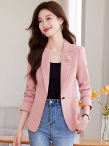 Pink Slim Fit Womens Spring Autumn Casual Fashion Korean Style Waist-Cinching Suit Jacket Classic Long Sleeve Button up
