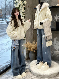XUECAIQI | Warm Faux Fur Collar Cotton Coat and Jeans Set