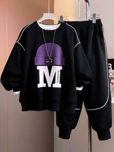 Casual Spring Autumn Boys Clothing Set ZigZag Design Cotton Blend Comfortable Fashionable Two-Piece Outfit for Middle And Older Kids