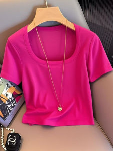 Áo Thun Nữ Tay Ngắn Màu Xám Ôm Vừa Vặn Cổ Chữ U Mùa Hè Phong Cách Mới Thường Ngày Đa Năng Thon Gọn Áo Thun Cotton