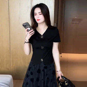 YOUFAN | Floral Lace V-neck Short Sleeve Elegant Two-piece Set