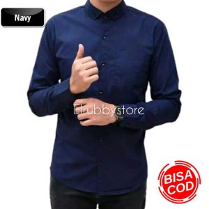 kemeja pria lengan panjang polos navy