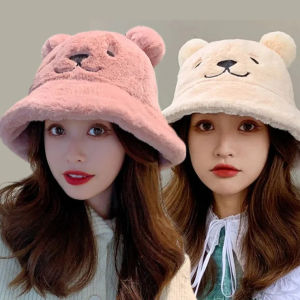 Fashion Autumn women Winter Cute bear Fur Bucket Hat Bear Ear Ball Plush Fisherman Hats Soft Warm Thick Basin Cap