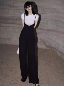 Stylish Black One-Piece Overalls Womens Fashion Slimming Wide Leg Pants High Waist Velvet Comfortable Casual Trousers
