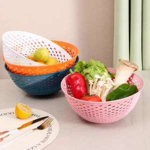Biblio【Ready in Stock】 Plastic Round Food Cover Mesh Cover Multifunctional Colorful Drain Fruit Plate 1 Piece